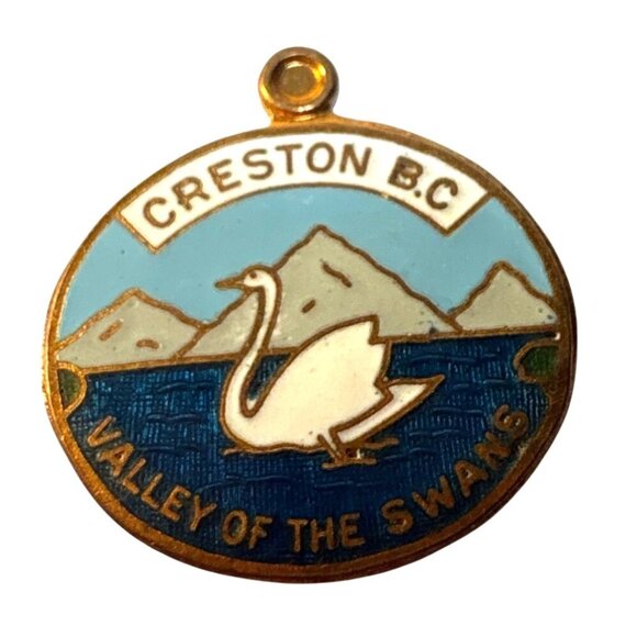 Creston B.C. Valley Of The Swans Souvenir Charm Pendant Enamel & Metal - Picture 1 of 4